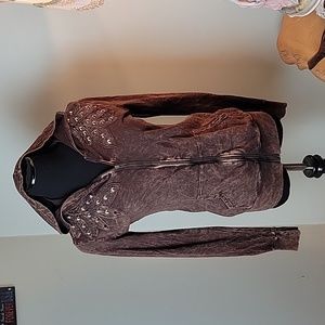 🎁 Vintage Y2K studded brown feather detail zip with hood